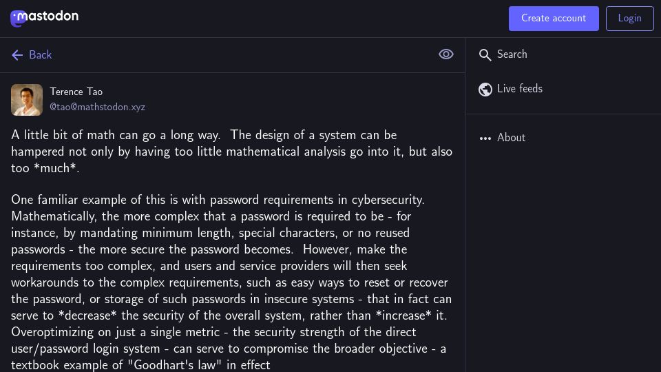 Screenshot of mathstodon.xyz: Terence Tao: Solving problems by abstracting away highly relevant information