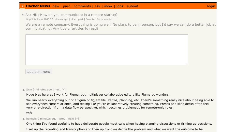 Screenshot of Hacker News post: Ask HN: How do you communicate in a remote startup?