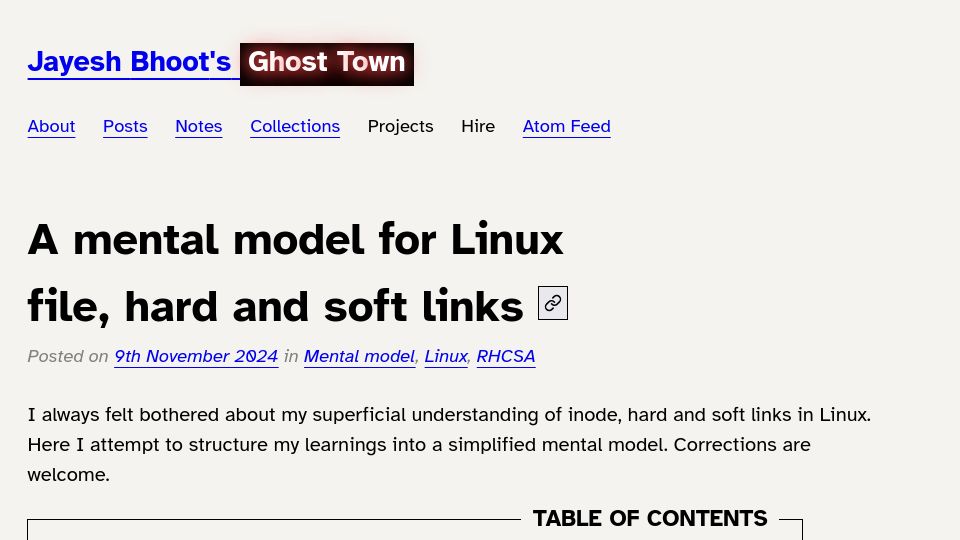 Screenshot of bhoot.dev: A mental model for Linux file, hard and soft links