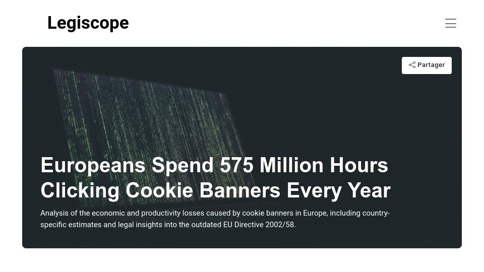 Screenshot of legiscope.com: Analysis of economic and productivity losses caused by cookie banners in Europe