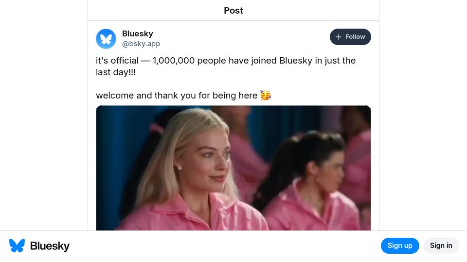 Screenshot of bsky.app: 1M people have joined Bluesky in the last day