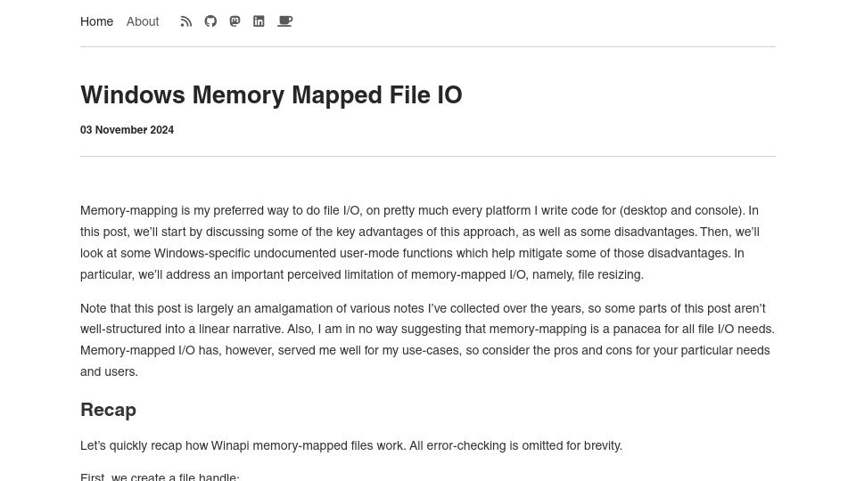 Screenshot of jeremyong.com: Windows Memory Mapped File IO