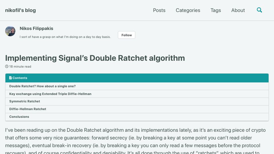 Screenshot of nfil.dev: Implementing Signal's Double Ratchet algorithm (2020)