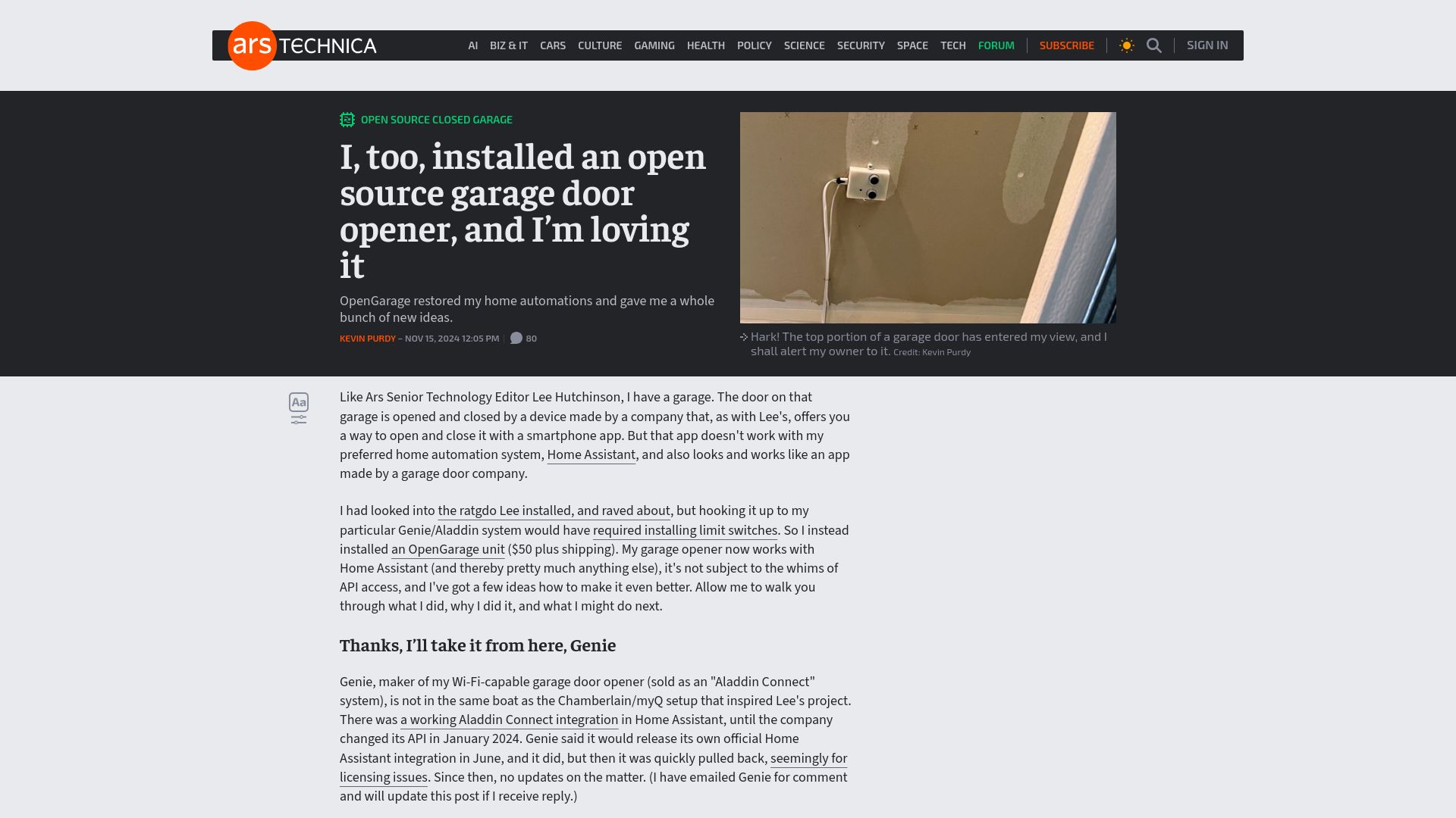 Screenshot of arstechnica.com: Installed an open source garage door opener, and I'm loving it