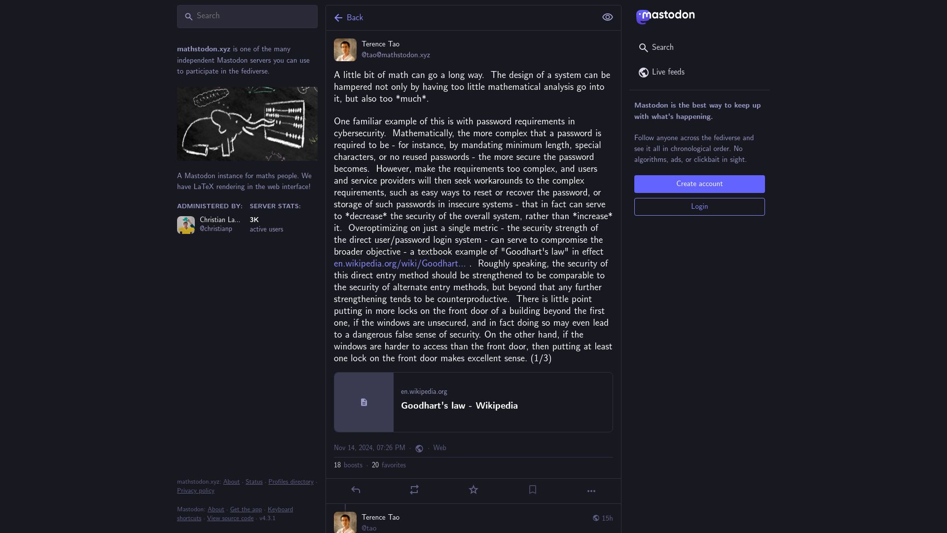 Screenshot of mathstodon.xyz: Terence Tao: Solving problems by abstracting away highly relevant information