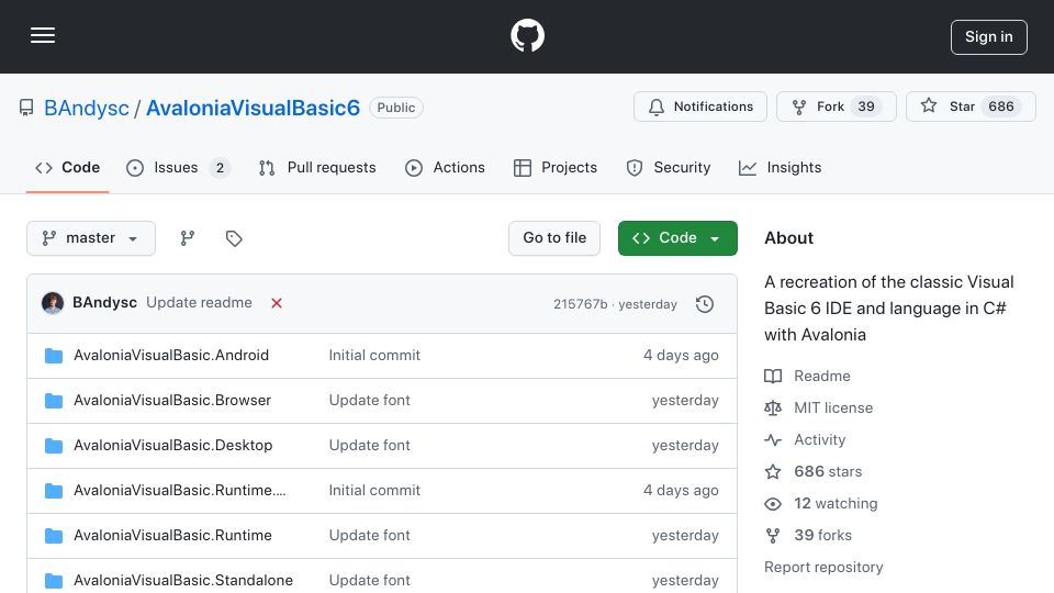 Screenshot of github.com: Visual Basic 6 IDE recreated in C#