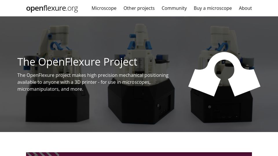 Screenshot of openflexure.org: The OpenFlexure 3D printable microscope