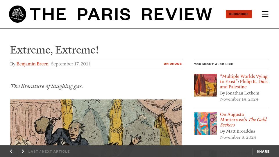 Screenshot of theparisreview.org: Extreme, Extreme! The literature of laughing gas. (2014)