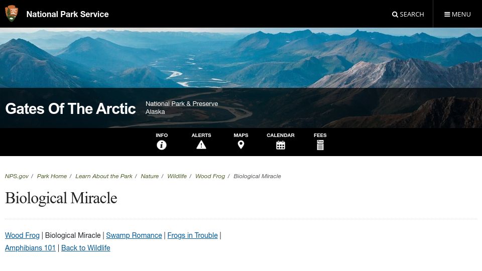 Screenshot of nps.gov: Biological Miracle – Wood Frog