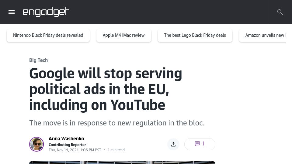 Screenshot of engadget.com: Google will stop serving political ads in the EU, including on YouTube