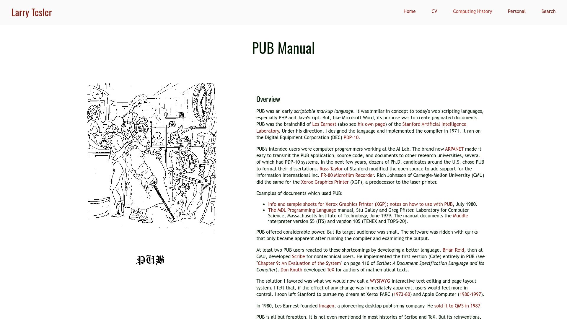 Screenshot of nomodes.com: Manual for PUB (a markup language in 1971) – Larry Tesler
