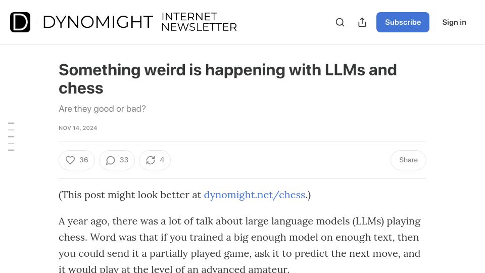 Screenshot of dynomight.substack.com: Something weird is happening with LLMs and chess