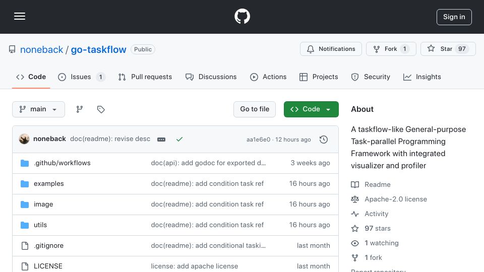 Screenshot of github.com: Go-taskflow: A taskflow-like General-purpose Task-parallel Programming Framework
