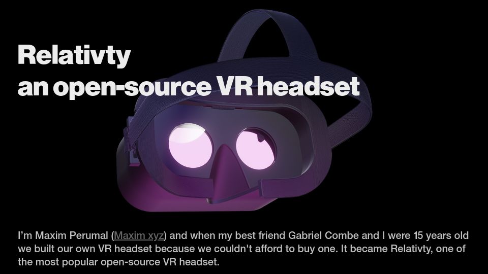 Screenshot of relativty.com: Relativty: An open-source VR headset for $200