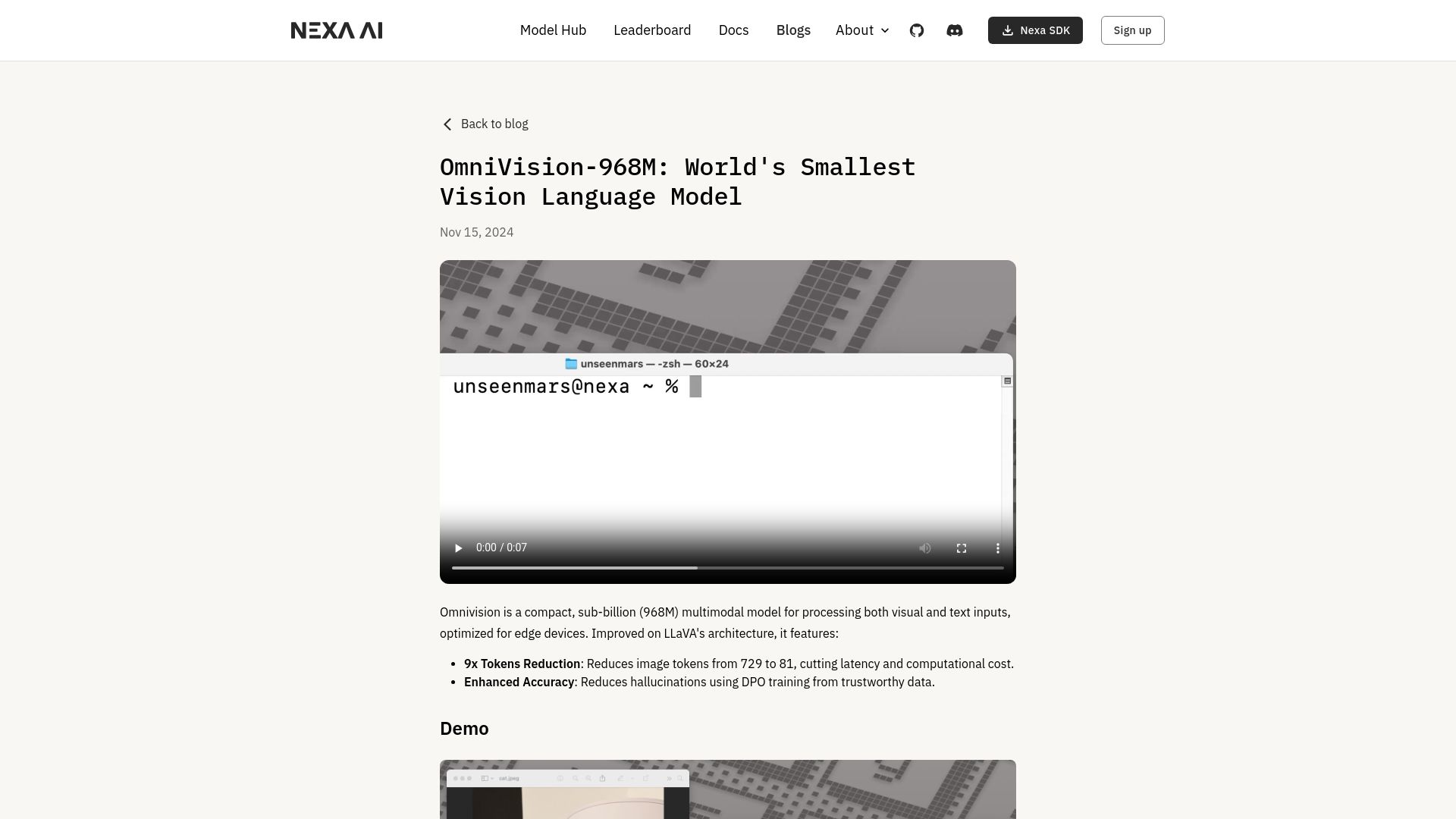 Screenshot of nexa.ai: Omnivision-968M: Vision Language Model with 9x Tokens Reduction for Edge Devices