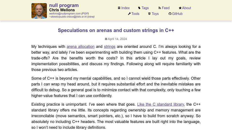 Screenshot of nullprogram.com: Speculations on arenas and custom strings in C++
