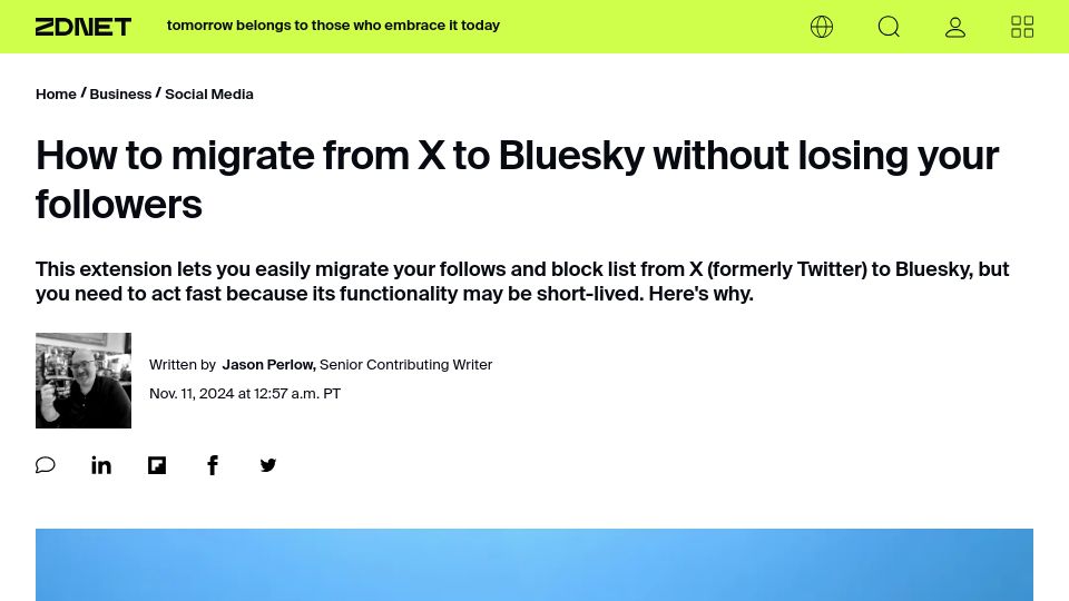 Screenshot of zdnet.com: How to migrate from X to Bluesky without losing your followers
