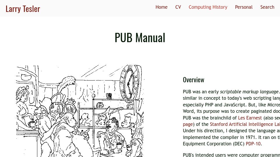 Screenshot of nomodes.com: Manual for PUB (a markup language in 1971) – Larry Tesler