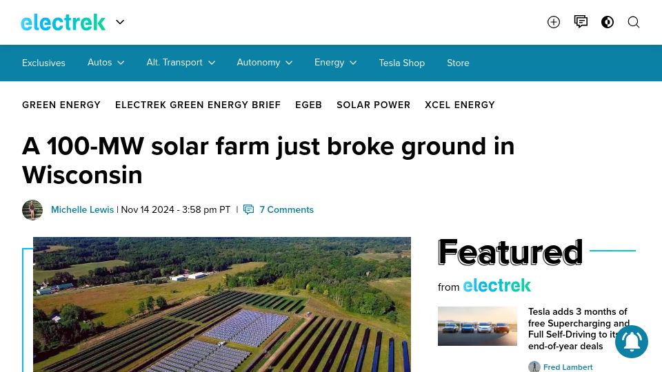 Screenshot of electrek.co: 100-MW solar farm just broke ground in Wisconsin