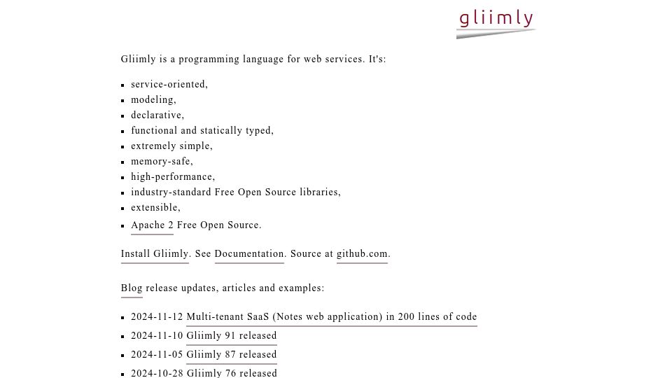 Screenshot of gliimly.github.io: Gliimly is a programming language for web services