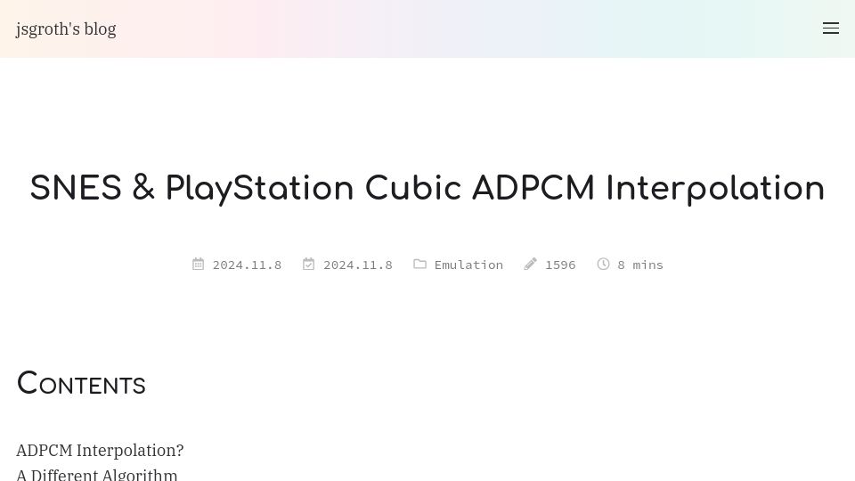 Screenshot of jsgroth.dev: SNES and Playstation Cubic Adpcm Interpolation