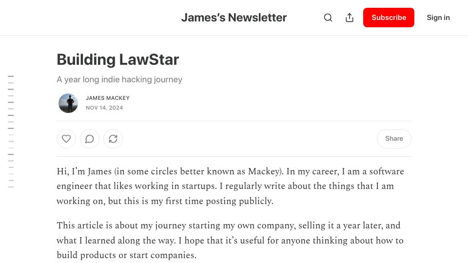 Screenshot of mackey.substack.com: Building LawStar – a year long indie hacking journey