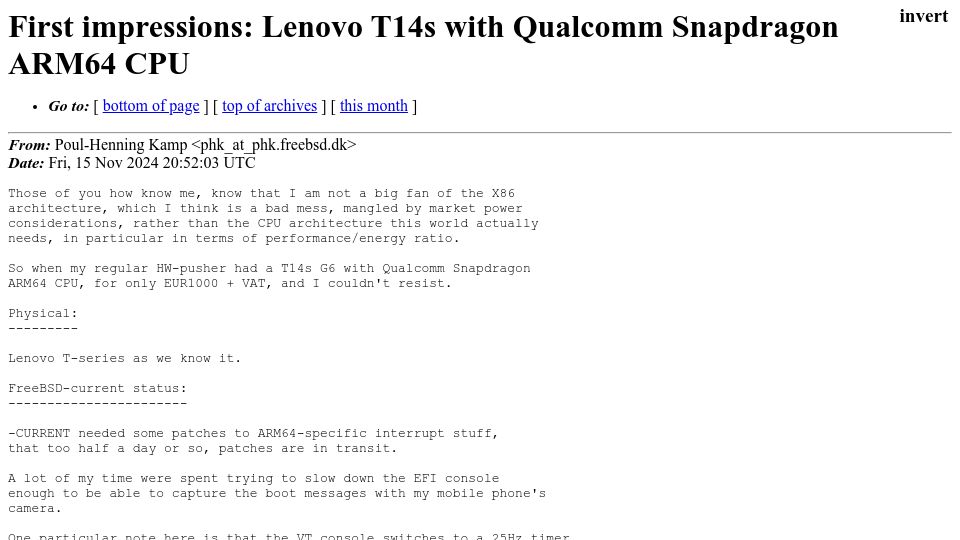 Screenshot of lists.freebsd.org: First Impressions: Lenovo T14s with Qualcomm Snapdragon ARM64 CPU