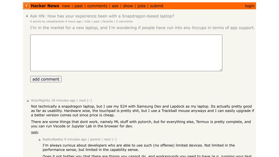 Screenshot of Hacker News post: Ask HN: How has your experience been with a Snapdragon-based laptop?