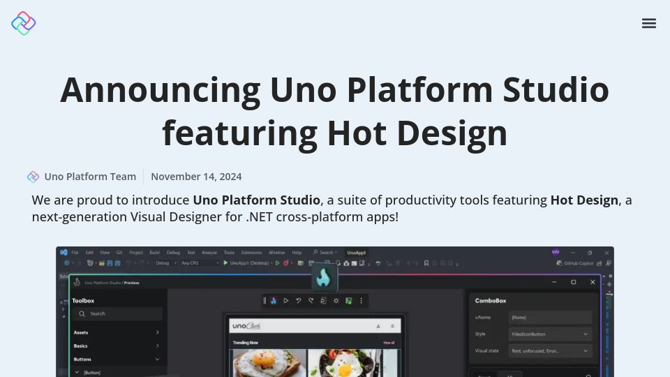 Screenshot of platform.uno: Uno Platform Studio: GUI Designer for Cross-Platform .NET Applications