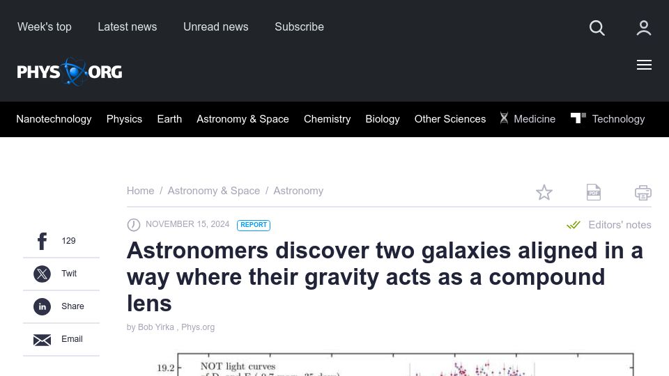 Screenshot of phys.org: Two galaxies aligned in a way where their gravity acts as a compound lens