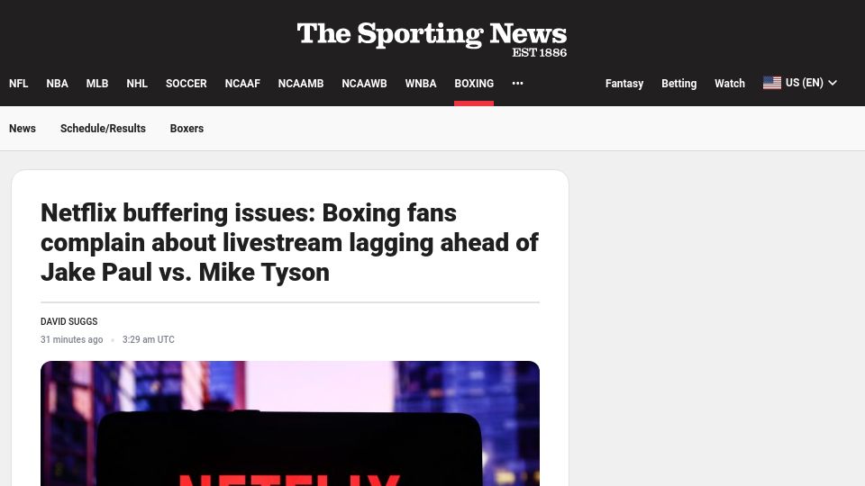 Screenshot of sportingnews.com: Netflix buffering issues: Boxing fans complain about Jake Paul vs. Mike Tyson
