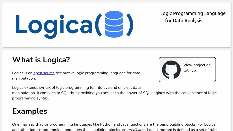 Screenshot of logica.dev: Logica – Declarative logic programming language for data