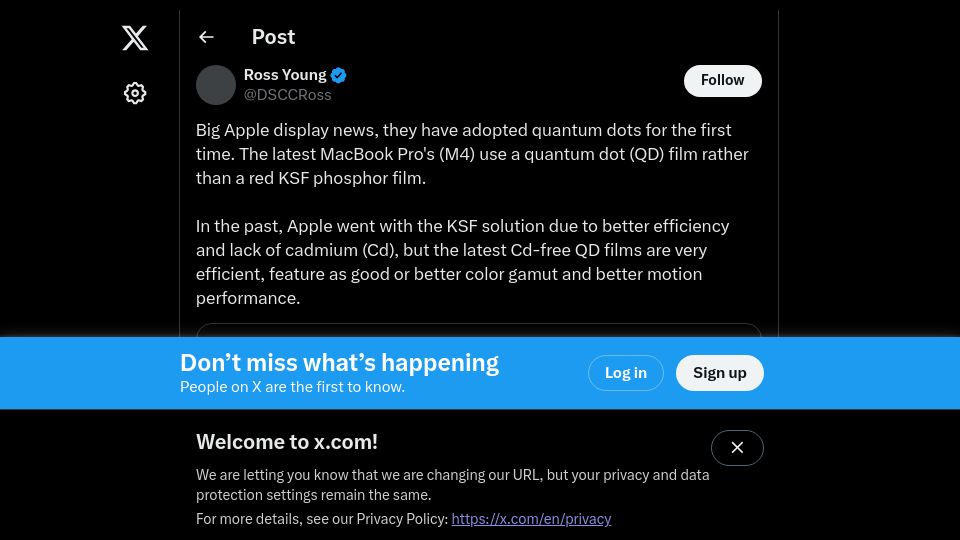 Screenshot of twitter.com: M4 MacBook Pros use a quantum dot (QD) film rather than a red KSF phosphor film
