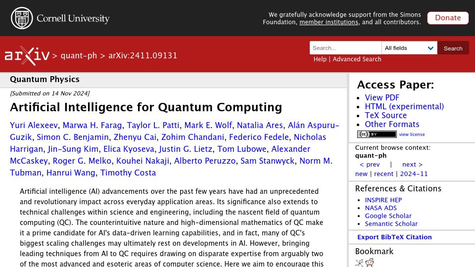 Screenshot of arxiv.org: Artificial Intelligence for Quantum Computing