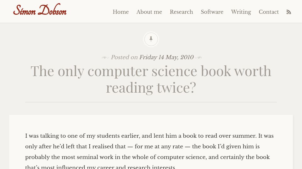 Screenshot of simondobson.org: SICP: The only computer science book worth reading twice? (2010)
