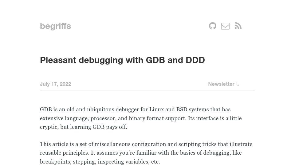 Screenshot of begriffs.com: Pleasant Debugging with GDB and DDD