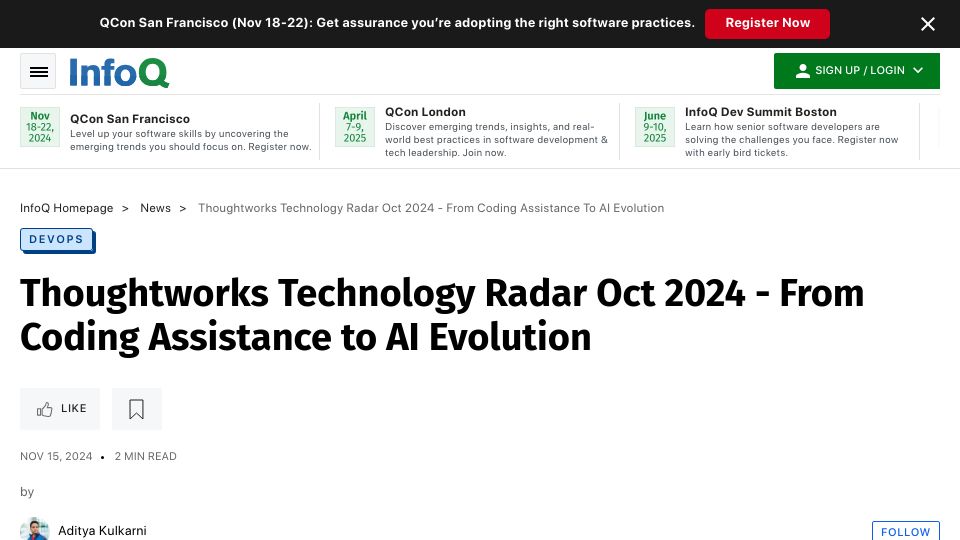 Screenshot of infoq.com: Thoughtworks Technology Radar Oct 2024 – From Coding Assistance to AI Evolution