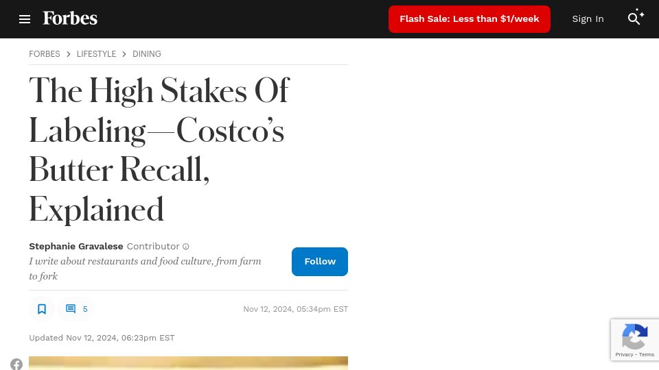 Screenshot of forbes.com: Costco’s butter recall, explained
