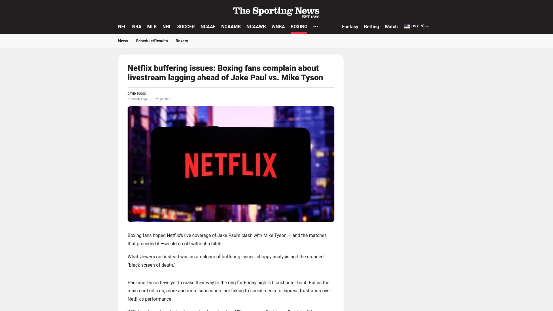 Screenshot of sportingnews.com: Netflix buffering issues: Boxing fans complain about Jake Paul vs. Mike Tyson