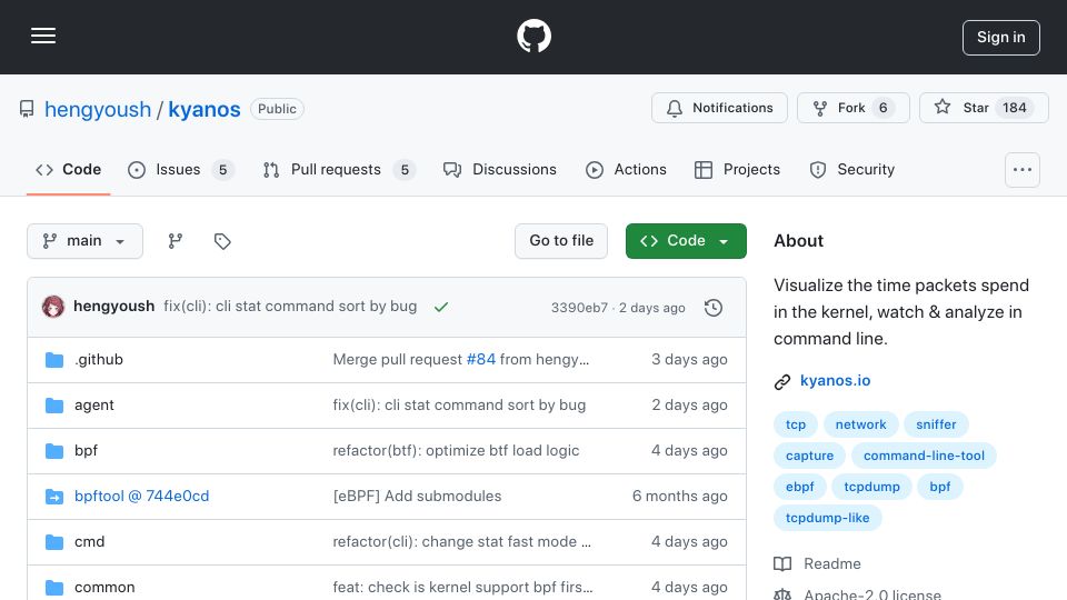 Screenshot of github.com: Kyanos: eBPF-based network issue analysis tool