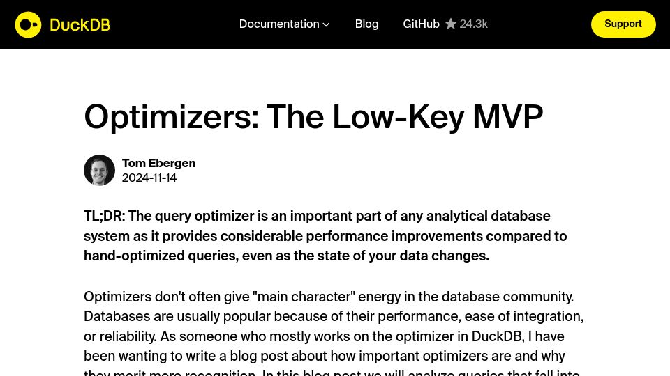 Screenshot of duckdb.org: Optimizers: The Low-Key MVP