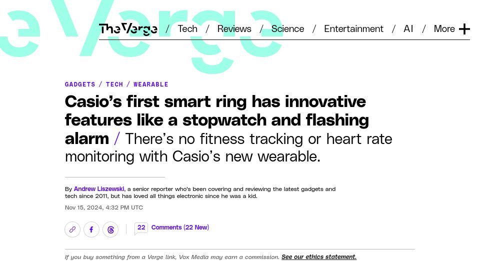 Screenshot of theverge.com: Casio has released a ring in the form of its iconic watch
