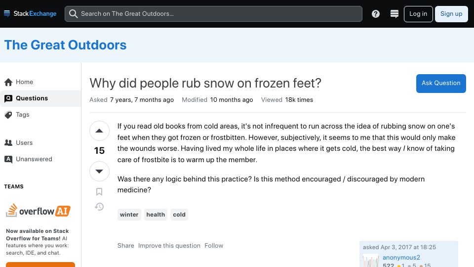 Screenshot of outdoors.stackexchange.com: Why did people rub snow on frozen feet? (2017)