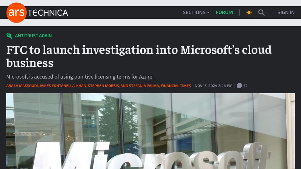 Screenshot of arstechnica.com: FTC to launch investigation into Microsoft's cloud business