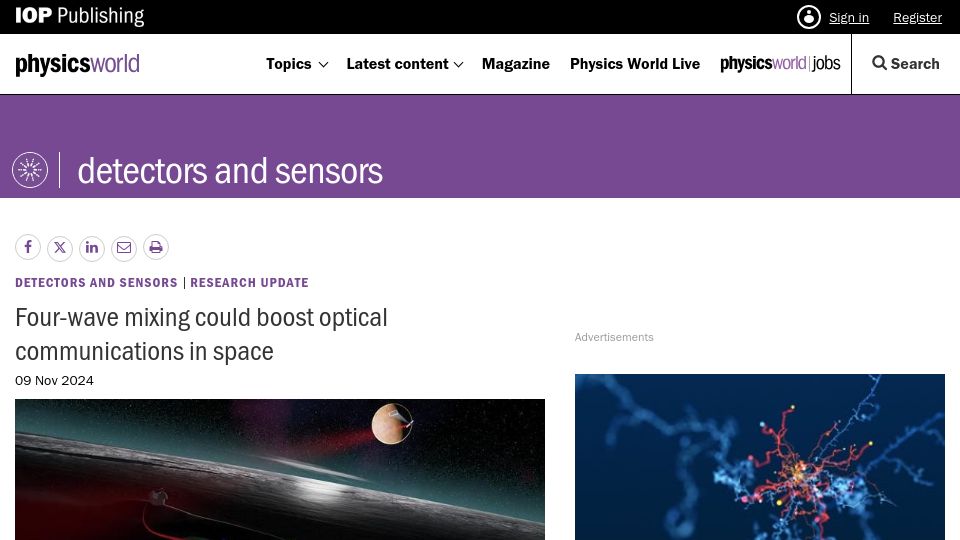 Screenshot of physicsworld.com: Four-wave mixing could boost optical communications in space