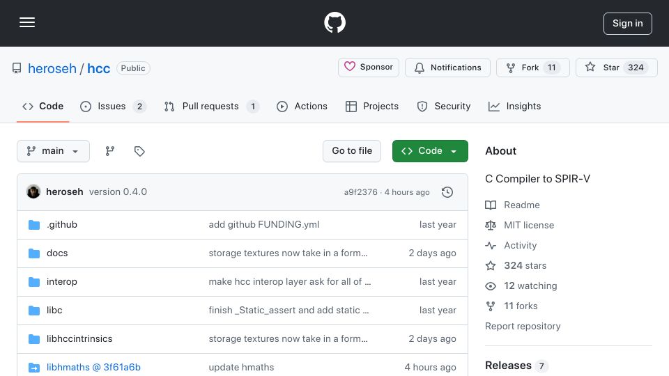 Screenshot of github.com: C Compiler to SPIR-V