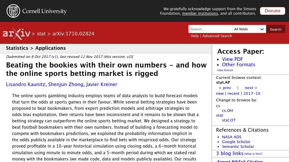 Screenshot of arxiv.org: Beating the bookies with their own numbers