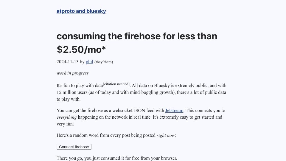 Screenshot of bsky.bad-example.com: Consuming the Bluesky firehose for less than $2.50/mo