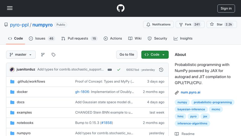 Screenshot of github.com: Numpyro: Probabilistic programming with NumPy powered by Jax