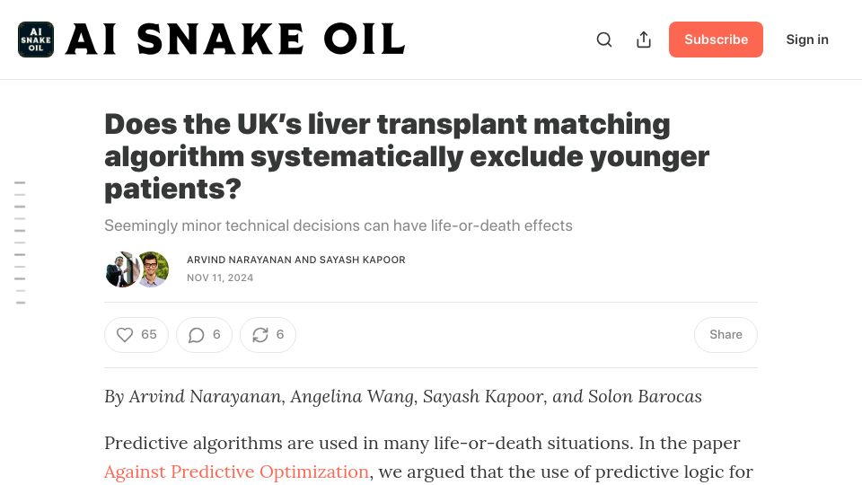 Screenshot of aisnakeoil.com: Is the UK's liver transplant matching algorithm biased against younger patients?